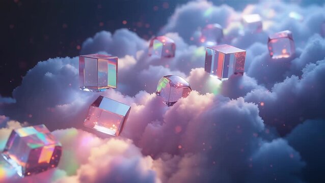 Colorful Crystal Cubes Floating Above Soft Cloud Texture