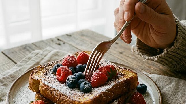 Enjoying sweet french toast topped with fresh berries and powdered sugar for breakfast food, raspberries.