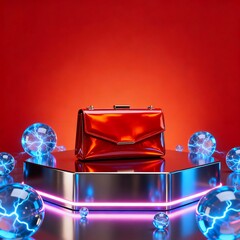 Fiery Elegance: Red Clutch on Neon Modern Pedestal