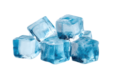 Pile of translucent blue ice cubes with irregular edges on black background frozen water