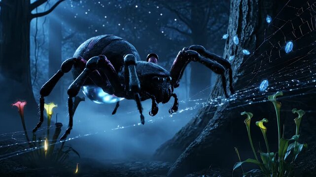 Ominous Fantasy Spider Moving on a Glowing Web in a Dark Forest