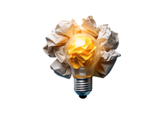 Glowing light bulb with crumpled paper on white background isolated on a transparent background