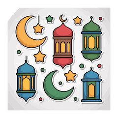 Festive Ramadan Lanterns and Symbols: A charming display of vibrant, colorful lanterns, crescent moons, and stars come together to create a festive and symbolic image.
