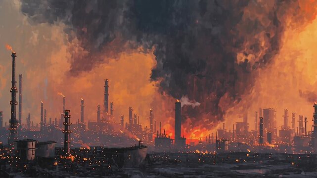 Industrial-scale conflict over energy resources, oil refineries and tankers emerging from smoky battlefields, mechanical structures dominating the horizon, sense of economic struggle and power 