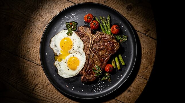 Hearty steak and eggs meal served on a rustic wooden table, delicious breakfast food photography, t-bone.