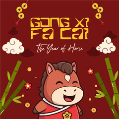 Fototapeta premium Feed Social Media Gong Xi Fa Cai 2026 Chinese New Year Cute Horse Illustration, Year of the Horse Cartoon Poster 11