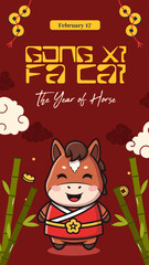 Fototapeta premium Story Social Media Gong Xi Fa Cai 2026 Chinese New Year Cute Horse Illustration, Year of the Horse Cartoon Poster 2