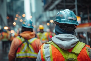 Construction workers walk on a busy street in a city filled with tall buildings and activities during the day