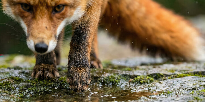 Red fox drinking from a forest puddle, close-up wildlife photo - Powered by Adobe