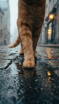 Ginger cat walking on wet city street at night, low angle