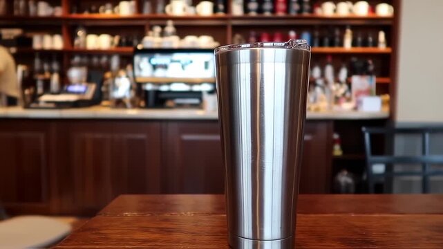 Stainless steel tumbler on a wooden table in a coffee shop