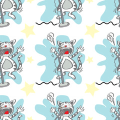 Seamless pattern with cute singing cat and stars. Vector illustration.