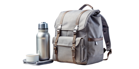 Gray backpack silver water bottle white cup cloth isolated on white background isolated on a transparent background