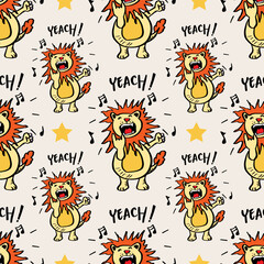 Seamless pattern with cute singing lion. Vector Illustration.