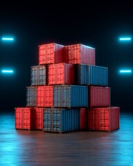 Fototapeta premium Colorful Stacked Shipping Containers on a Dark Background with Neon Lights Highlighting the Industrial Aesthetic in a Modern Warehouse Environment