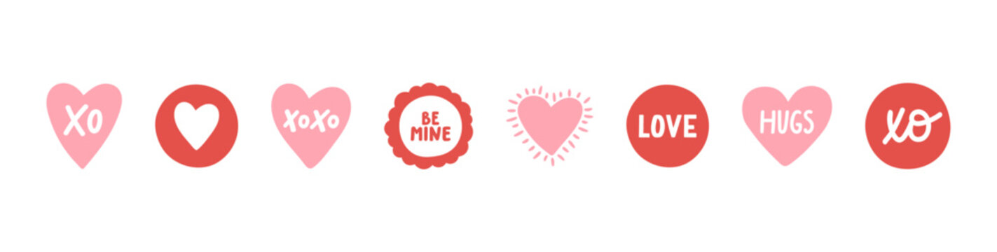 Valentines Day banner with hand drawn sticker. Pink heart love design. Women Day. Bright Celebration background. 8 March card. Wedding party invitation. Vector illustration