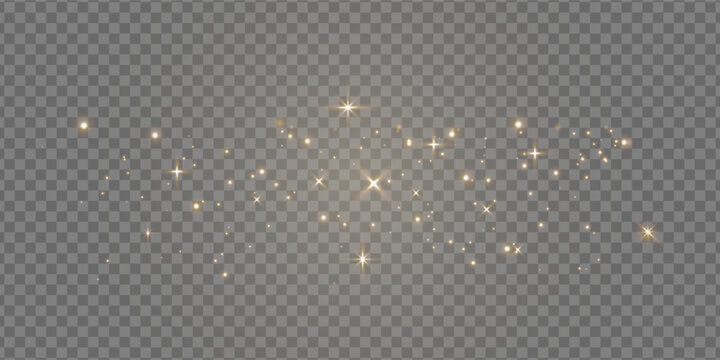 Gold glitter light banner. Magic dust background. Luxury party. Star particle bg. Christmas Holiday golden confetti. Fairy bulb. Glow shine bokeh. Winter Celebration frame. Vector illustration