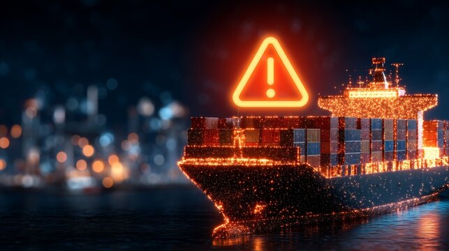 A Futuristic Container Ship with Warning Symbol Highlighted in Neon Glow Against a City Backdrop, Representing Trade, Logistics, and Global Shipping Challenges