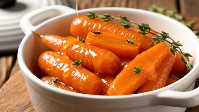 A close-up view of glazed carrots garnished with fresh thyme in a white serving dish, resting on a rustic wooden table, showcasing a warm and inviting home-cooked meal