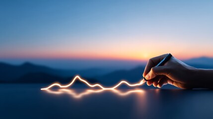Creative hand drawing an illuminated line graph at sunrise with a beautiful mountain backdrop showcasing innovation and technology in business or finance