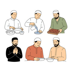 Ramadan Rituals: This image highlights a series of actions during the holy month of Ramadan, showcasing the simple purity and serenity of the fasting experience and the devotion of individuals.
