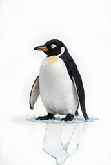 Obraz premium Adelie Penguin Standing on Small Melting Ice Chunk - Isolated on White Background for Environmental Concept