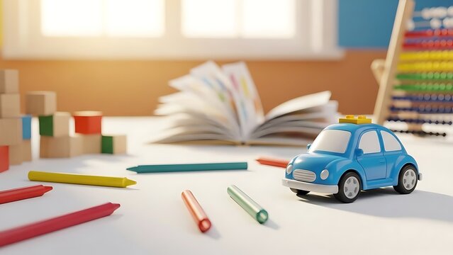 A bright and sunny scene of children's toys and art supplies, including a blue car, crayons, blocks, books, and an abacus, laid out on a table.