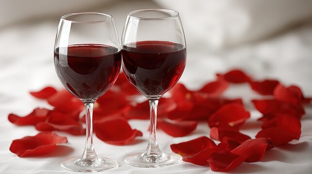 Valentine minimal duo: red-wine glasses & rose petals white, 10K no-blur for wedding banner or e-hero