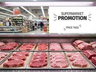 Fresh meat display in supermarket showcasing various cuts with promotional price tags, inviting shoppers to explore quality options for their meals and culinary creations