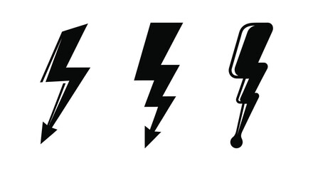 three black lightning bolt icons in different styles silhouette high quality professional detailed modern elegant stylish