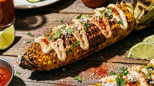 Authentic street corn charred to perfection with creamy sauce and savory cheese topping corn, elote.