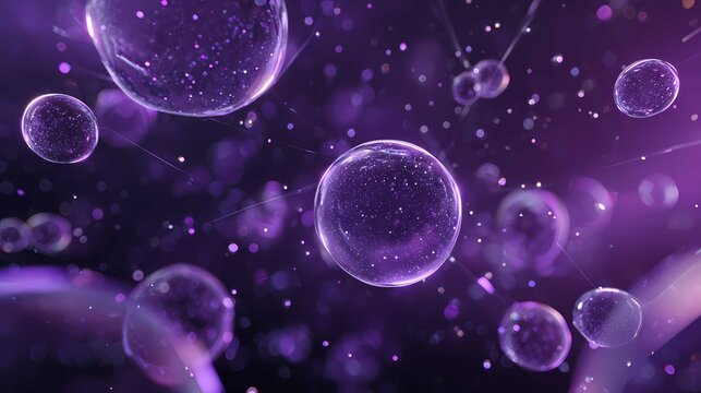 Glowing purple molecular spheres floating in abstract bokeh background
