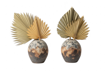 Two decorative vases with dried palm fronds against a black background