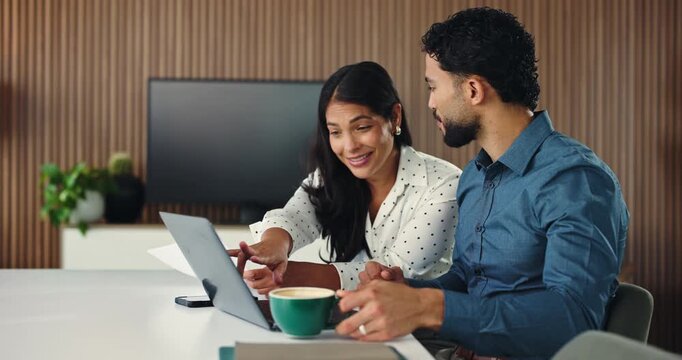 Smile, people and high five with laptop in office for good news, real estate and resale success. Team, coffee and document with pc for congratulations, rental achievement and celebration of expansion