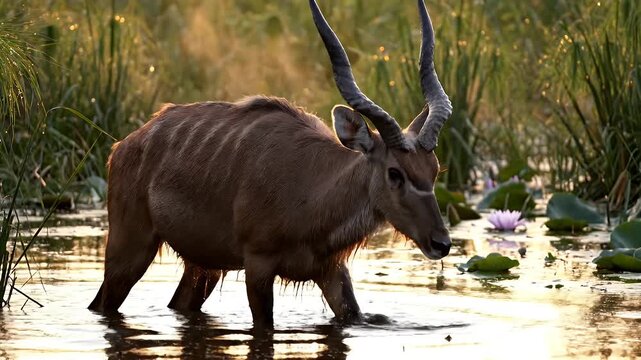 Majestic Antelope Walking in Shallow Water at Golden Sunset