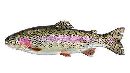 A vibrant rainbow trout with distinctive pink and red stripes swimming against a clean white background, showcasing its colorful scales and fins.