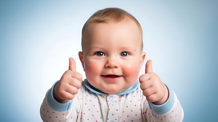 A happy baby giving two thumbs up with a cheerful expression on their face