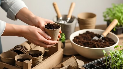 A person preparing a biodegradable pot for planting in a garden with various gardening tools and supplies.