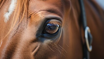A close-up of a horse's eye, showcasing its brown coat and detailed facial features.