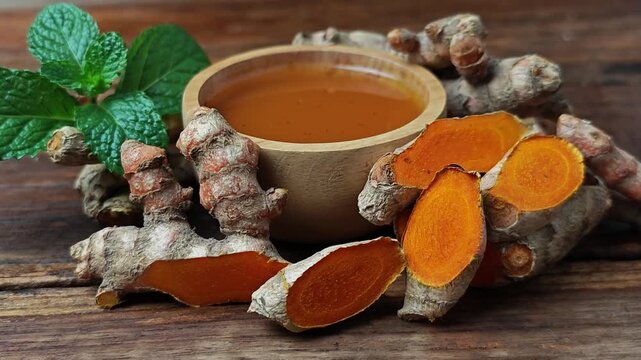 Turmeric drink and raw roots. Turmeric curcuma capsules. Zoom out.