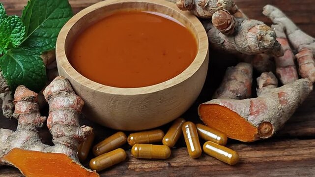 Turmeric drink and raw roots. Turmeric curcuma capsules. Zoom out.
