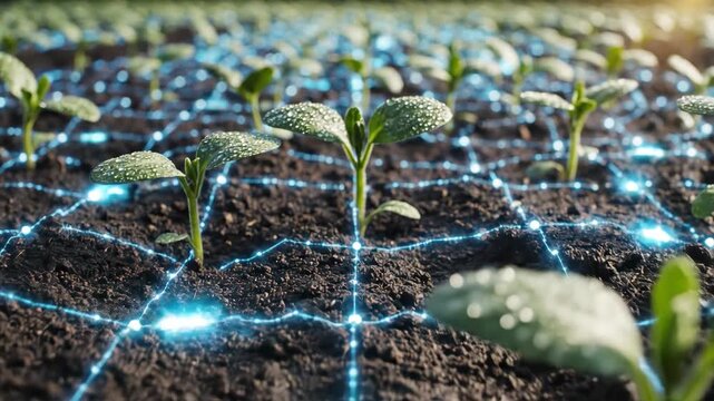 Young Green Sprouts Growing in Dark Soil with Futuristic Blue Digital Network Overlay