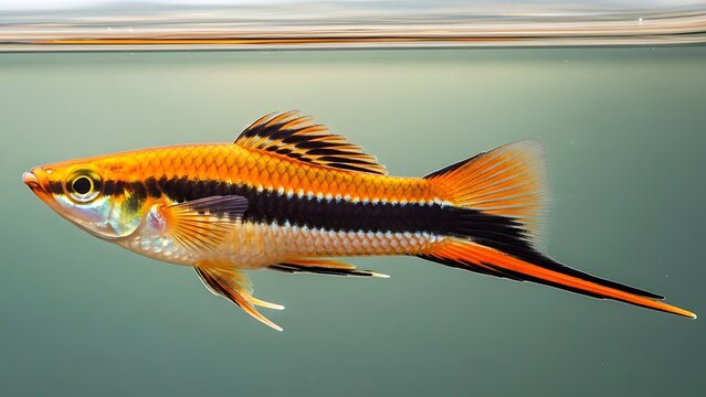 A vibrant orange and black swordtail fish with a long, flowing tail fin, swimming gracefully in clear aquarium water.
