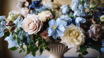 Fototapeta premium Elegantly arranged wedding flowers in soft blue, cream, and blush tones, creating a beautiful floral centerpiece