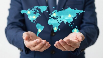 Geopolitical risks and international instability. Impact of conflicts and trade wars. Businessperson with world map and warning icons.