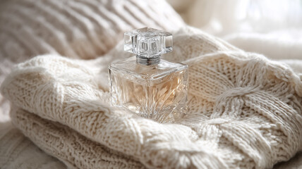 Perfume bottle with crystal cap resting on a cozy knitted sweater, representing luxury, elegance, and soft warmth