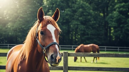 A brown horse with a white stripe on its face stands in a green field with a wooden fence and trees in the background.