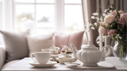 Fototapeta premium Afternoon tea setting with elegant white teapot, teacup, pastries, and flowers by a sunlit window creating a cozy ambiance
