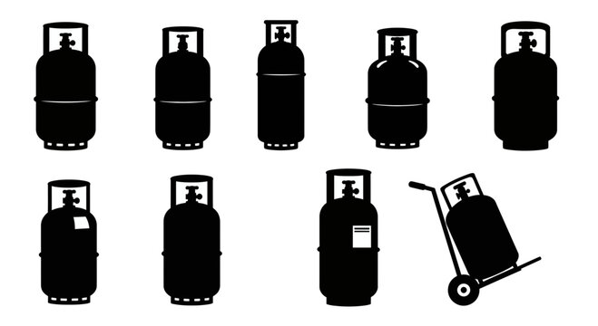 Black Gas Cylinder Silhouette Icons on White Background