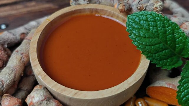 Turmeric drink and raw roots. Turmeric curcuma capsules.